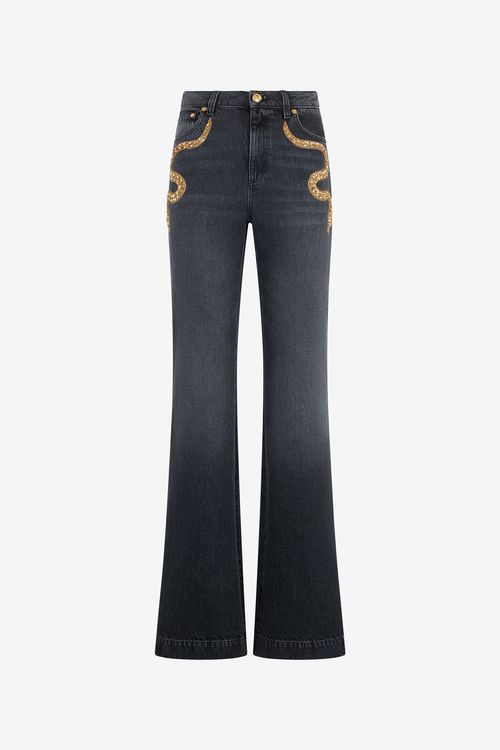 Flared Jeans With Snake Embroidery