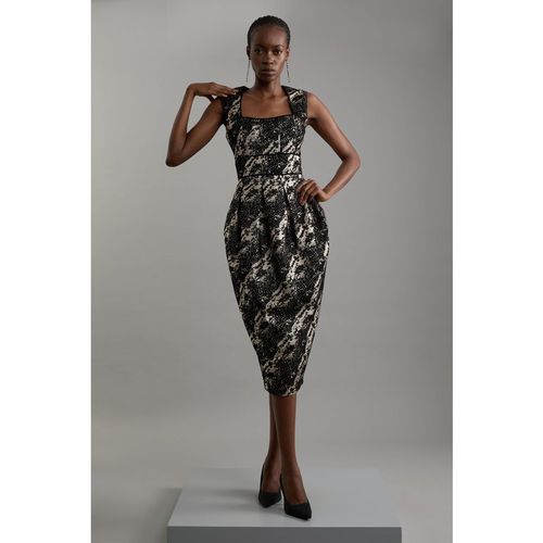 Karen Millen Womens Metallic Velvet Jacquard Tailored Square Neck Midi Dress - Black