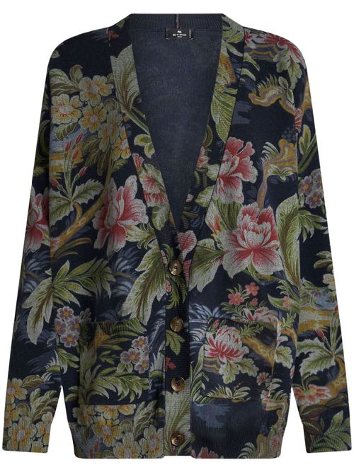 Floral-print wool cardigan - Blue