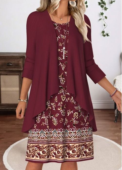 Modlily Wine Red Tummy Coverage Floral Print Dress and Cardigan