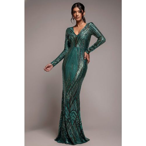 Goddiva Two Toned V Neck Sequin Maxi - Emerald Green