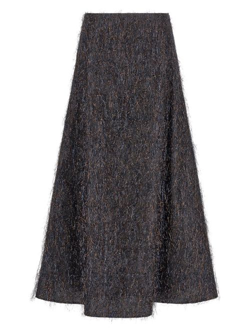 Metallic-Frayed Midi Skirt — Charcoal