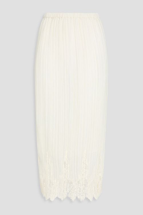 Pleated lace-trimmed crepon midi skirt