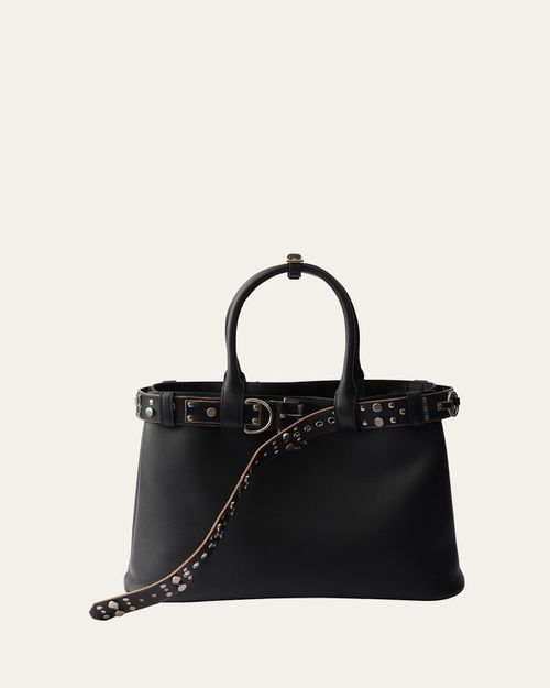Studded Buckle Leather Top-Handle Bag