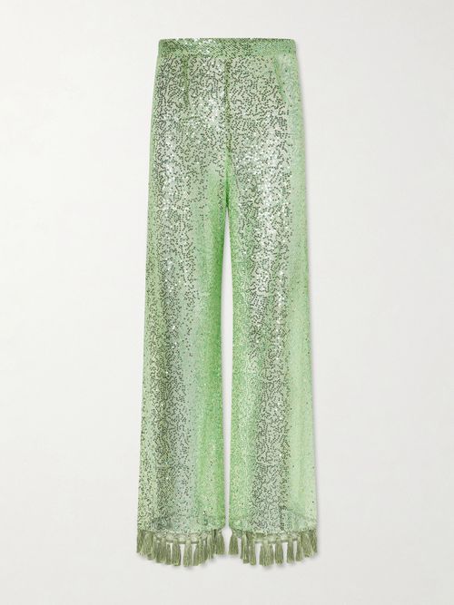 Sequined Fringed Flared Pants - Green