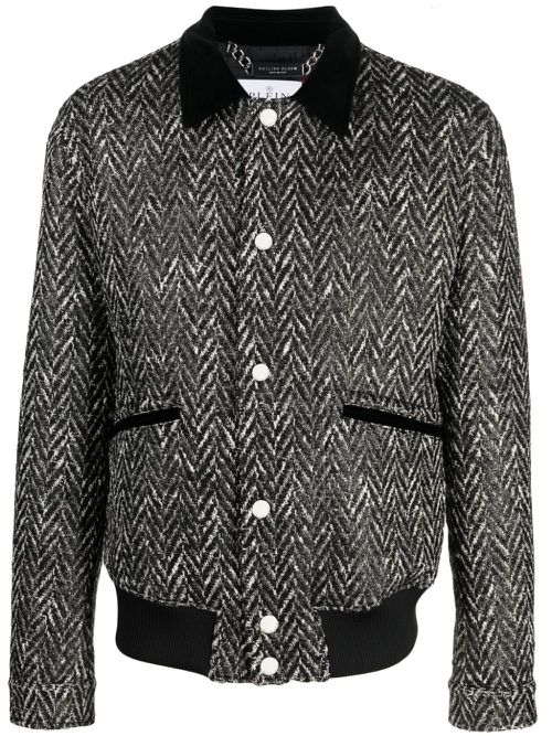 Herringbone-pattern wool bomber jacket - Black