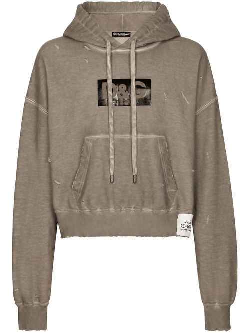 Logo-print washed cotton hoodie - Grey