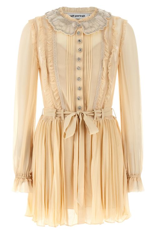 'Tan Pleated Georgette Mini' Dress