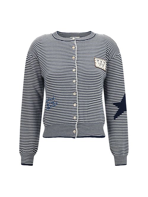 Striped Cotton Knit with Intarsia Cardigan — Navy