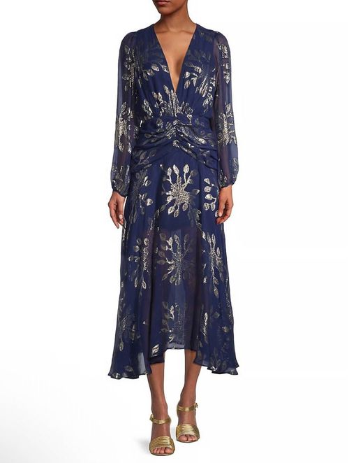 Lizette Silk Dress In Navy Gold