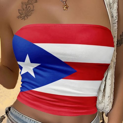 TEMU Women's Puerto Rican Flag Strapless Crop Top - Patriotic Red, Bandeau With , Casual Tube Top For Summer & Wear, Appare