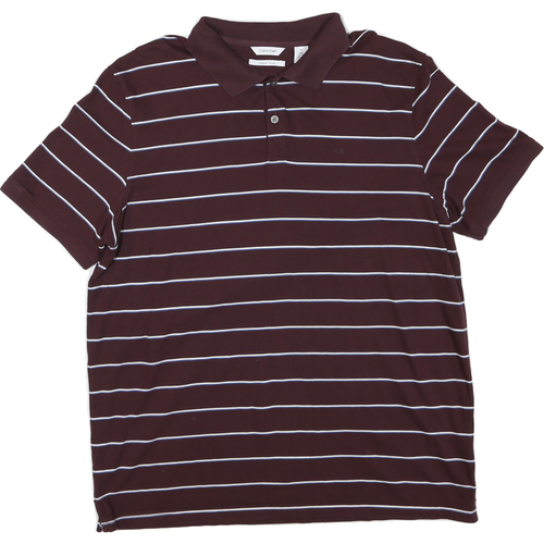 CALVIN KLEIN Mens Maroon & White Striped Polo Shirt L Classic Cotton Blend