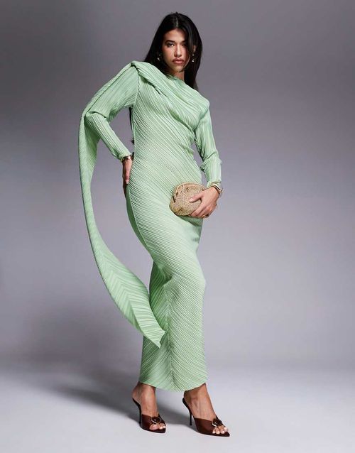 Plisse long sleeve drape detail maxi dress in mint green