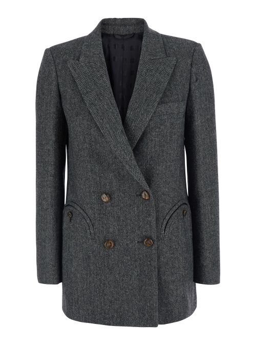Virgin Wool Blend Double-Breasted Blazer — Gray