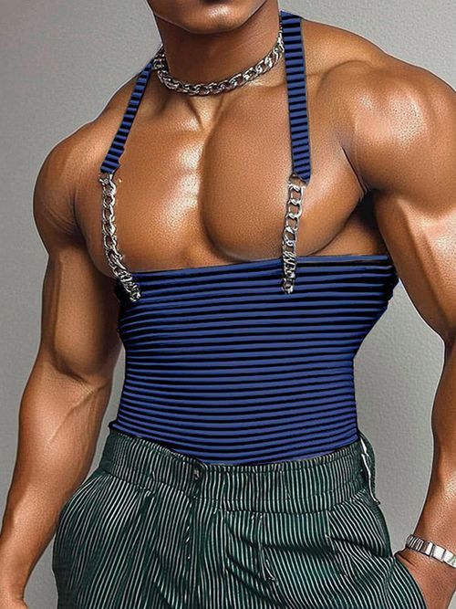 Mens Metal Bar Spliced Striped Tank SKUK92819 - Blue / S
