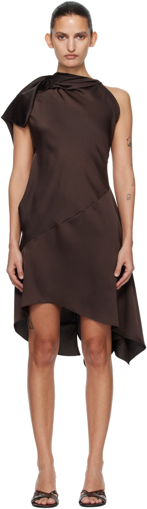 Brown Crepe Satin Cape Sleeve Midi Dress