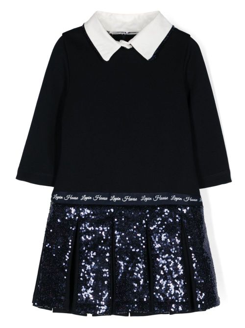 Sequinned polo-collar pleated dress - Blue