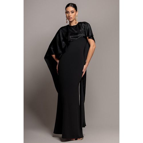Goddiva Scoop Neck Soft Satin Cape Sleeve Maxi Dress - Black