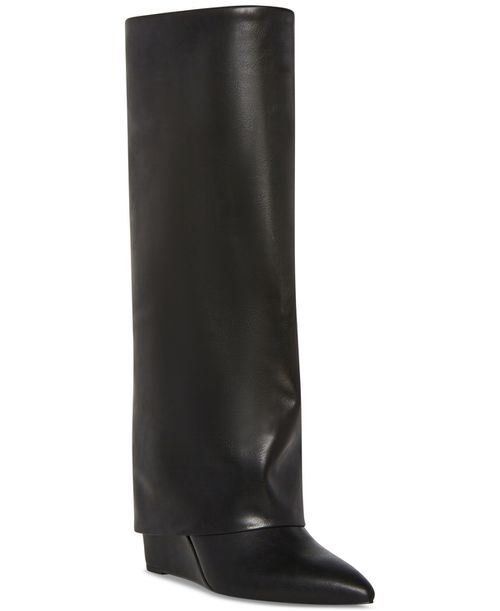 Evander Wide-Calf Fold-Over Cuffed Knee High Wedge Dress Boots - Black