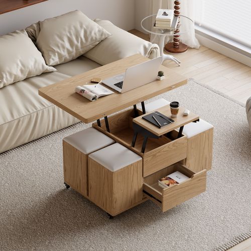 Table basse pliable en noyer et blanc à plateau relevable de 1000 mm avec 4 tabourets et rangement