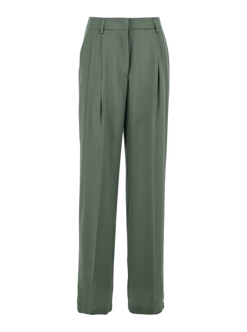 Front-Pleated Silk-Blend Trousers — Green