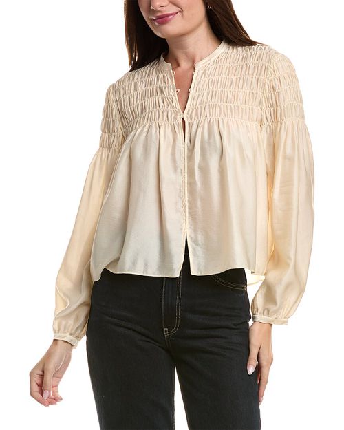 FRAME Smocked Collarless Silk-Blend Blouse