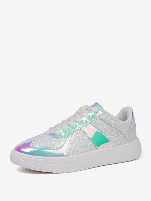 White PU Leather Round Toe Womens Sneakers Flat<1 Casual Shoe