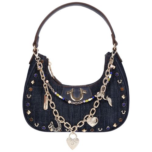 Studded Denim Shoulder Bag with Removable Charm Chain