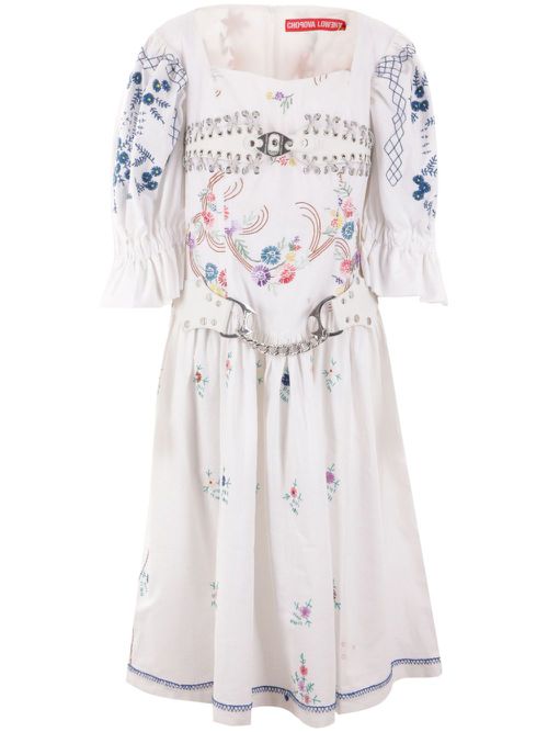Floral-embroidery cotton dress - White