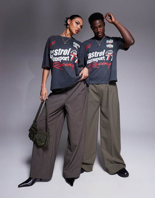ASOS DESIGN unisex boxy oversized T-shirt with Castrol Racing prints in washed black