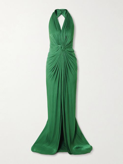 Twist-front Metallic Georgette Halterneck Gown - Green