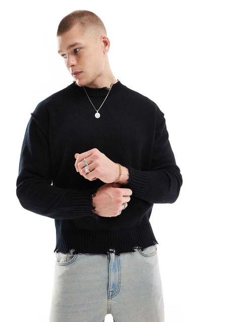 Bershka distressed knitted sweater in black