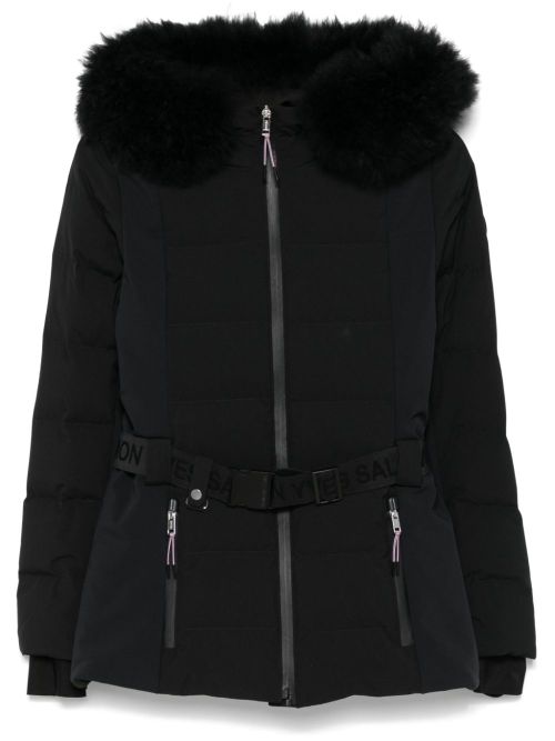 Belted Fur-Trim Down Jacket — Black