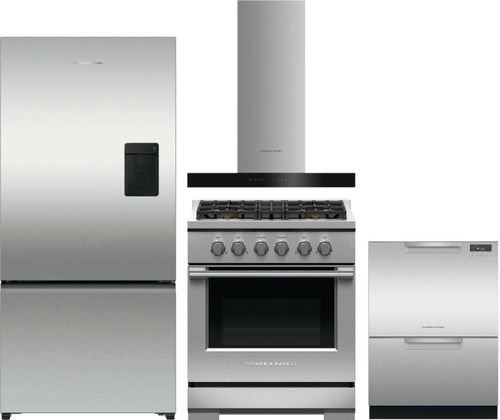 Fisher & Paykel 4 Piece Kitchen Appliances Package with Bottom Freezer Refrigerator, Gas Range and Dishwasher in Stainless Steel FPRERADWRH