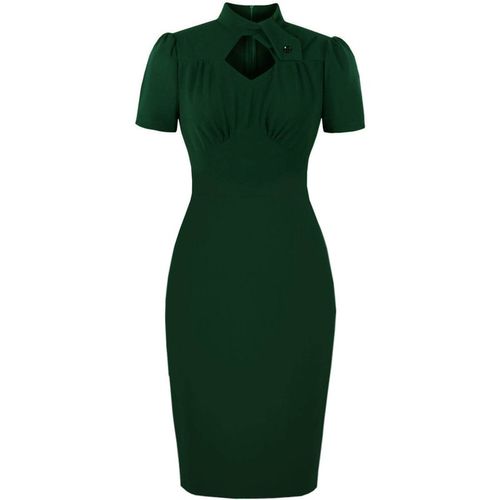 Retro Stage Keyhole Stand Collar Pencil Dress Dark Green
