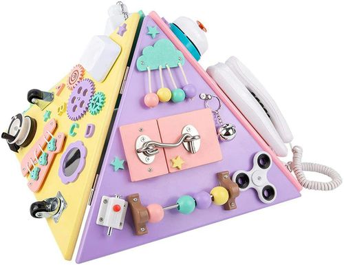 Dyzi Montessori Busy Board Pyramid Toddler Sensory Toys Learn Motor Skills Activity - Blue/Pink/Purple