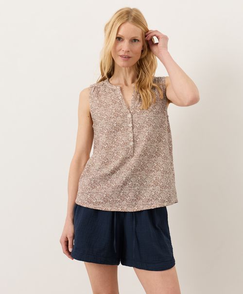 Women's Block Print Driftwood Brown Coastal Double Gauze Henley Tank