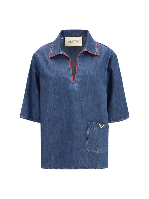 Red-Trimmed Denim Shirt — Blue