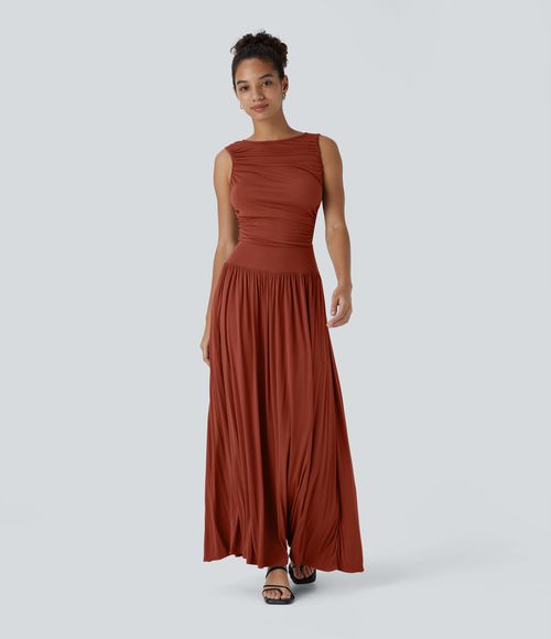 Ribbed Boat Neck Asymmetric Strap Ruched Pocket Flowy Maxi Casual Dress Casual Dress - Picante