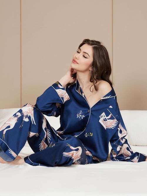 19Momme Women's Pure Silk Crane Print Long Sleeve Notch Collar Pajamas Set