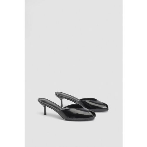 MISSPAP Women's Black Faux Leather Mid Stiletto Heel Peep Toe Mules in True Black