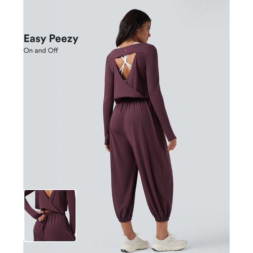Halara SoftlyZero™ Airy Cut-out Back Long Sleeve Thumb Holes Yoga Jumpsuit with Pockets-Easy Peezy - Fig - XLregular