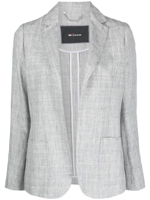 Plaid-pattern open-front linen blazer - Grey