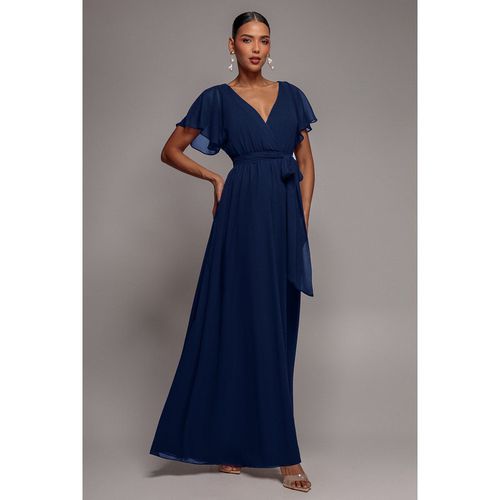 Goddiva Sustainable Chiffon Flutter Sleeve Wrap Maxi Dress - Navy