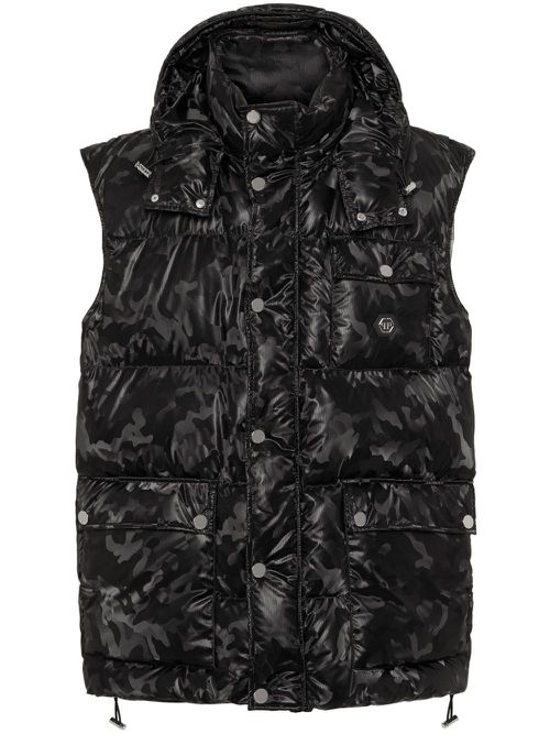 Camouflage-print hooded puffer gilet - Black