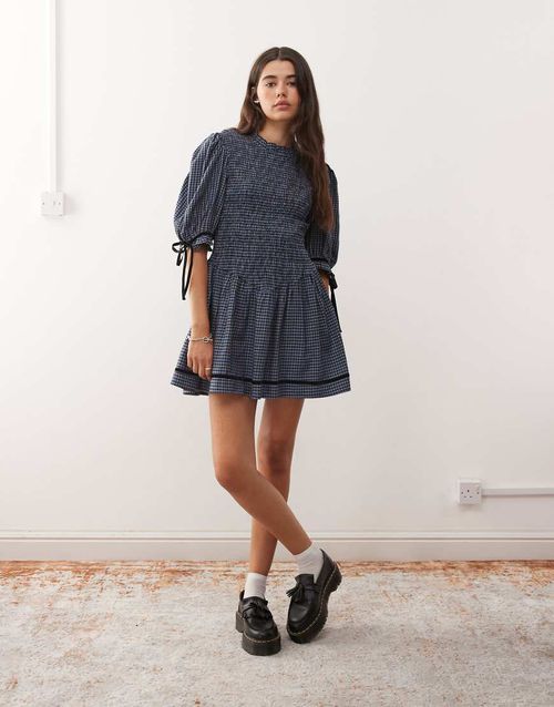 Mini dress with shirred bodice and velvet trims in blue check-Multi