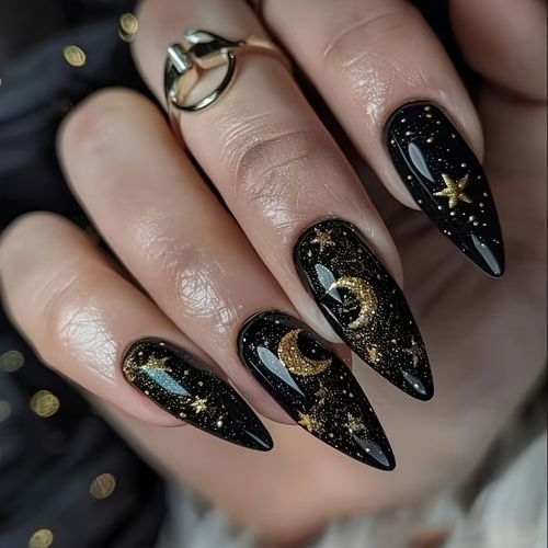 TEMU 24pcs Long Almond Shape Press On Nails - Black Glossy Fake Nails With Golden & , Reusable False Nails For , Celestial Nail Art For Partie