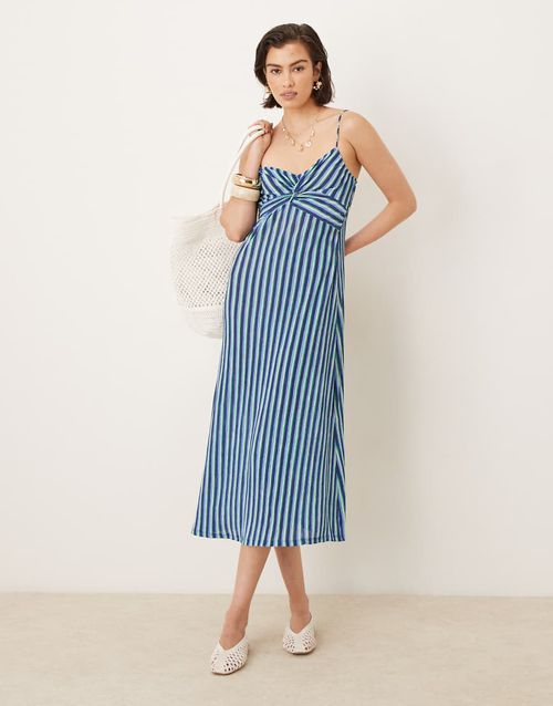 Cami midi dress in spliced stripe print-Blue