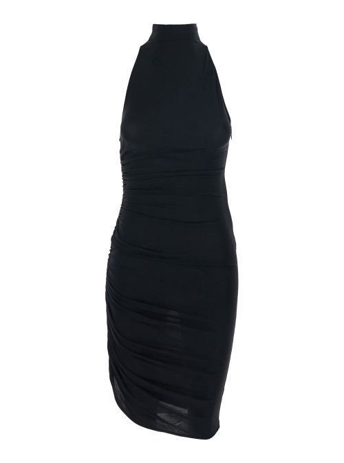 High-Neck Ruched Viscose Dress — Black