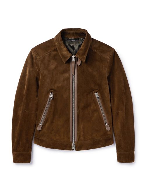 Leather-Trimmed Suede Bomber Jacket